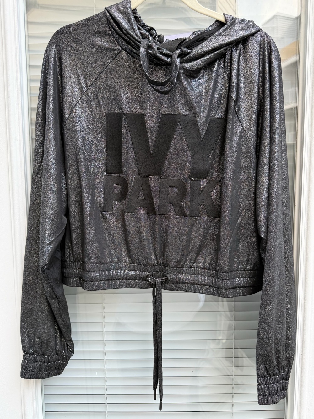 IVY PARK Metallic Shimmer Cropped Hoodie Black Silver Logo NWT L